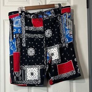 Men's Bandana Patch Swim Shorts - Black/Red/Blue